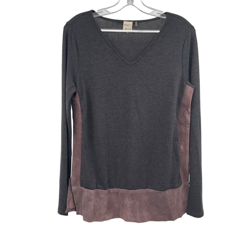 Ecru Women's Leather Trimmed Top Long Sleeve Gray/Mauve Size Small